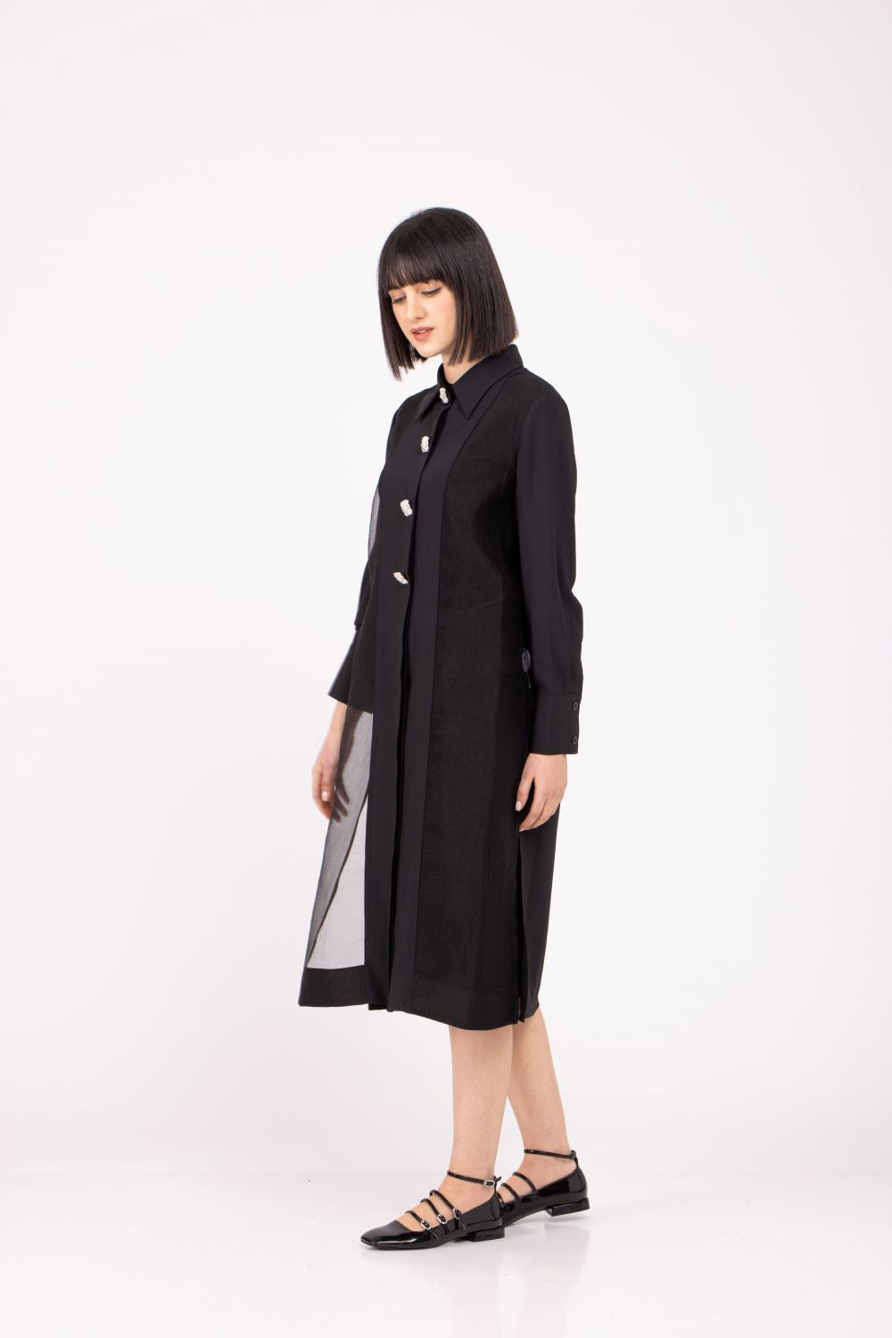 BNI-Y-2499 BLACK &STONES BUTTON DRESS