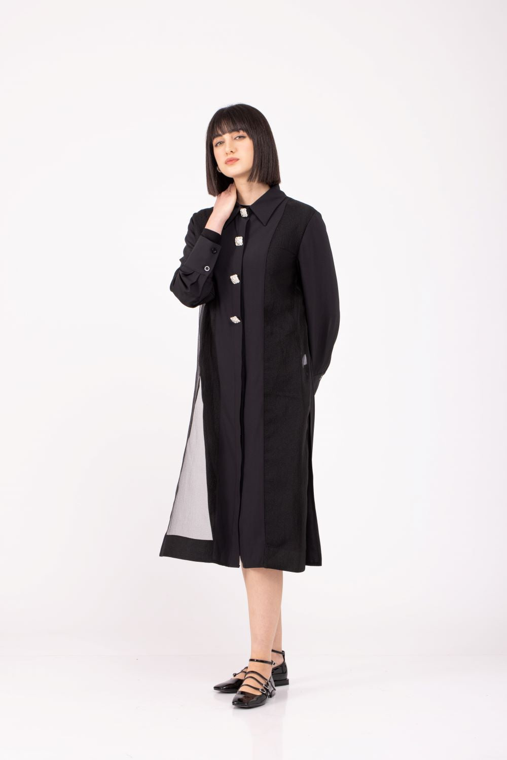 BNI-Y-2499 BLACK &STONES BUTTON DRESS