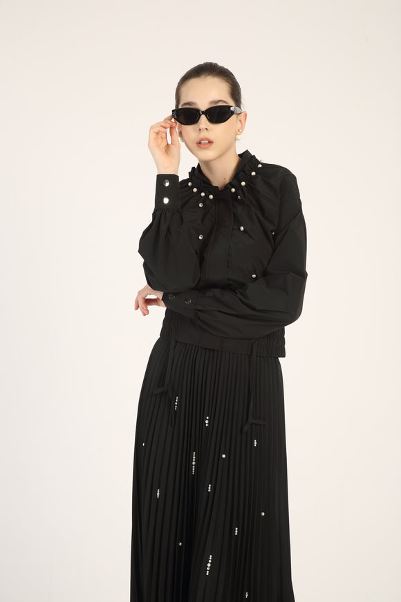 BNI-ZP-43-1 BLACK PLEATED STONES SKIRT