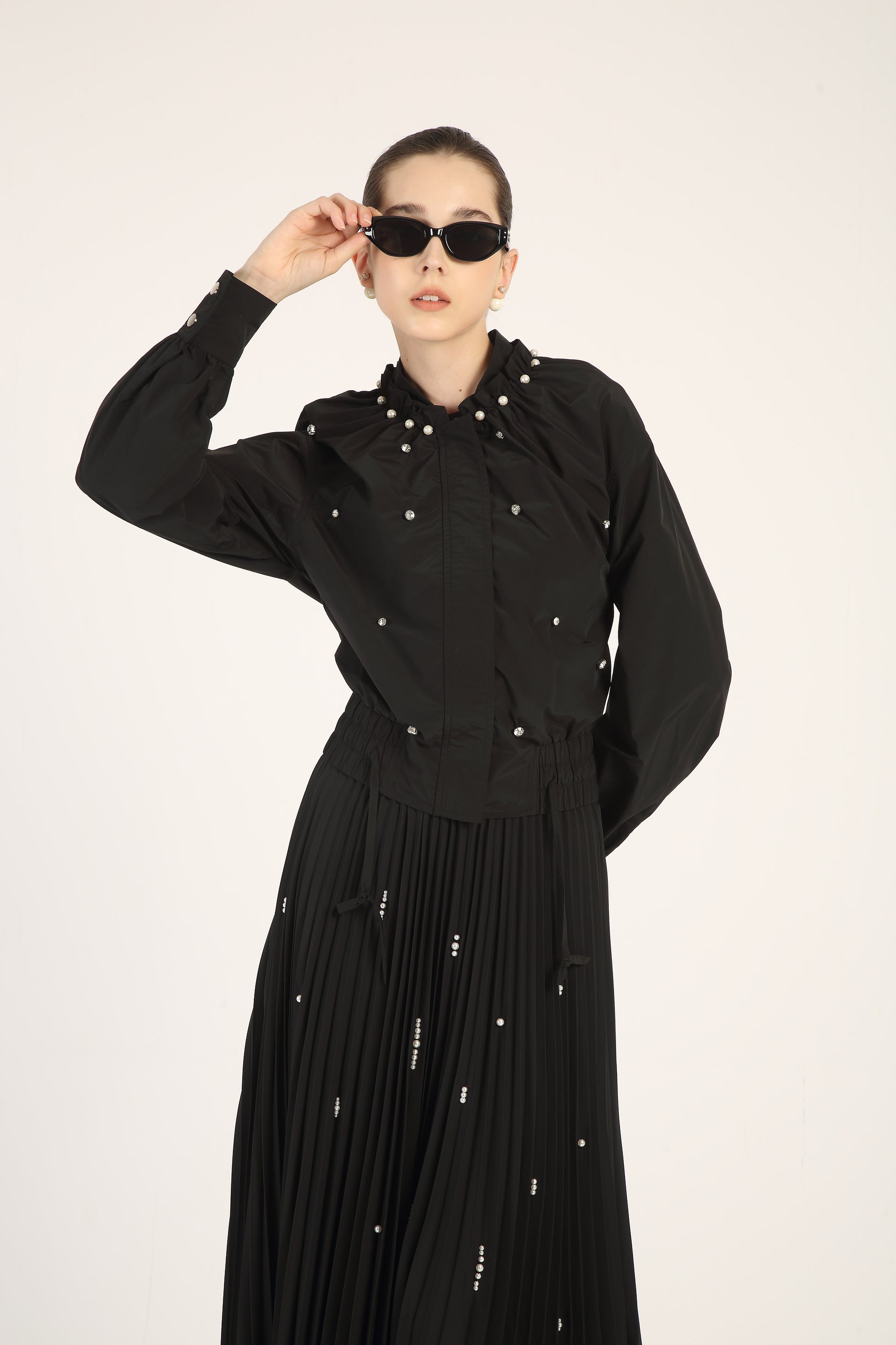 BNI-ZP-43-1 BLACK PLEATED STONES SKIRT
