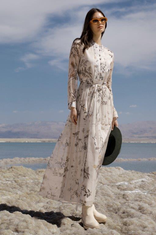 NOI-3289 BEIGE LEAF PRINT DRESS